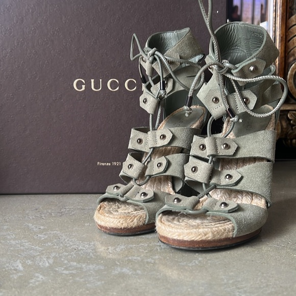 Gucci Green Suede Gladiator Espadrille Heels Size 36 (6) - Picture 1 of 14